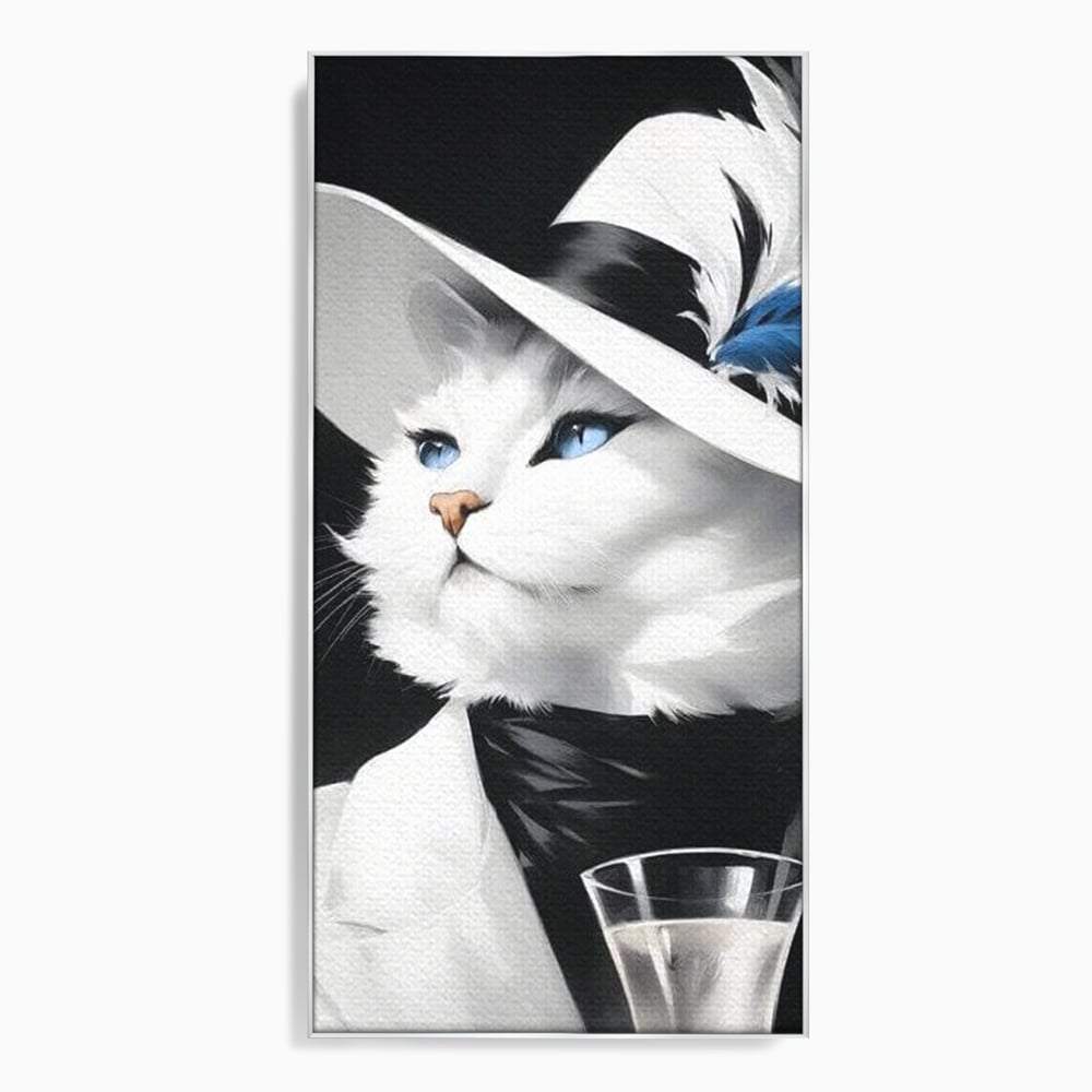 Tablou canvas cu tablou canvas cu pisica aristocrata purtand palarie, in rama de aluminiu argintiu